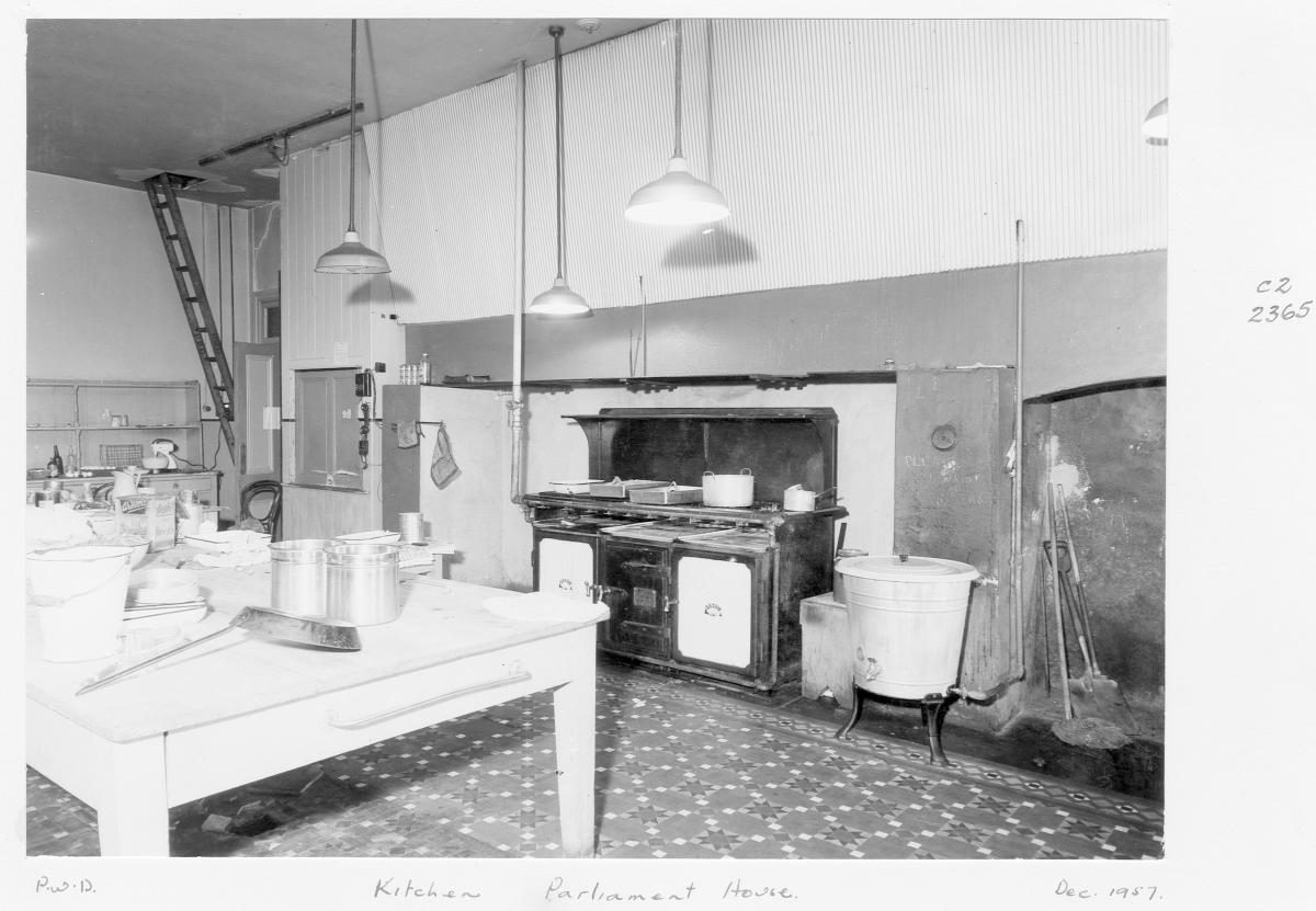 Kitchen in Parliament House, Brisbane, December 1957