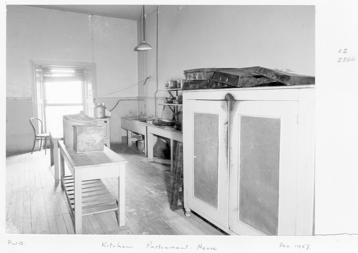 Kitchen in Parliament House, Brisbane, December 1957