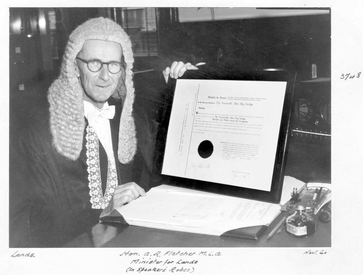 The Hon Alan Roy Fletcher MLA, Minister for Lands and Irrigation 1960-1963, in Speaker's robes - Brisbane, November 1960
