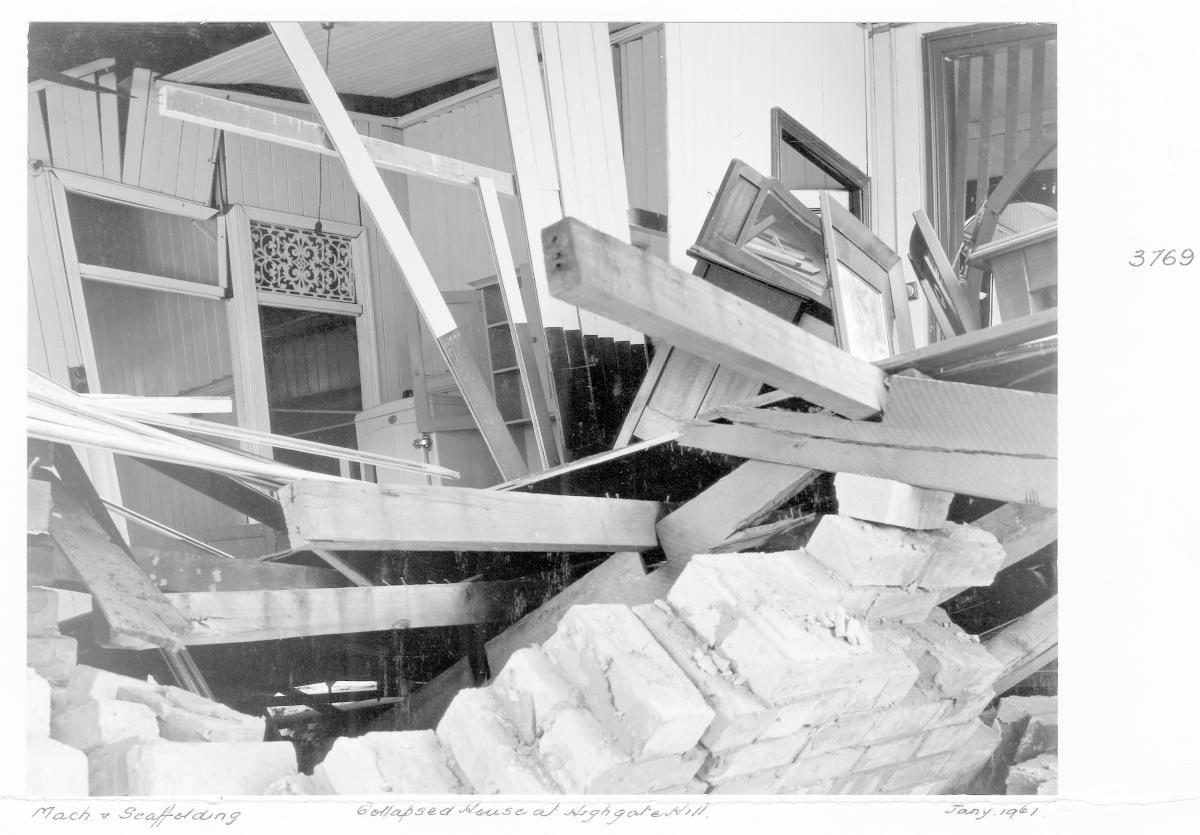 Interior of collapsed house at Highgate Hill - Brisbane, January 1961
