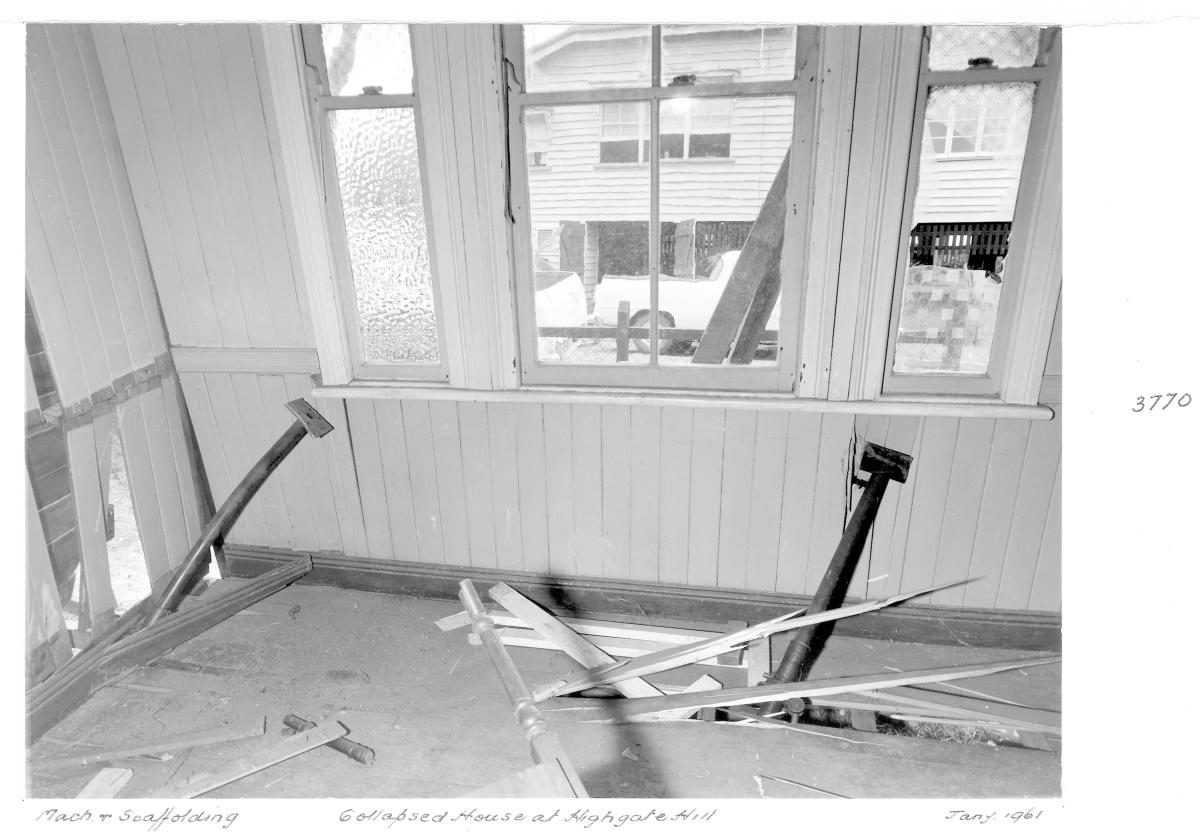 Interior of collapsed house at Highgate Hill - Brisbane, January 1961