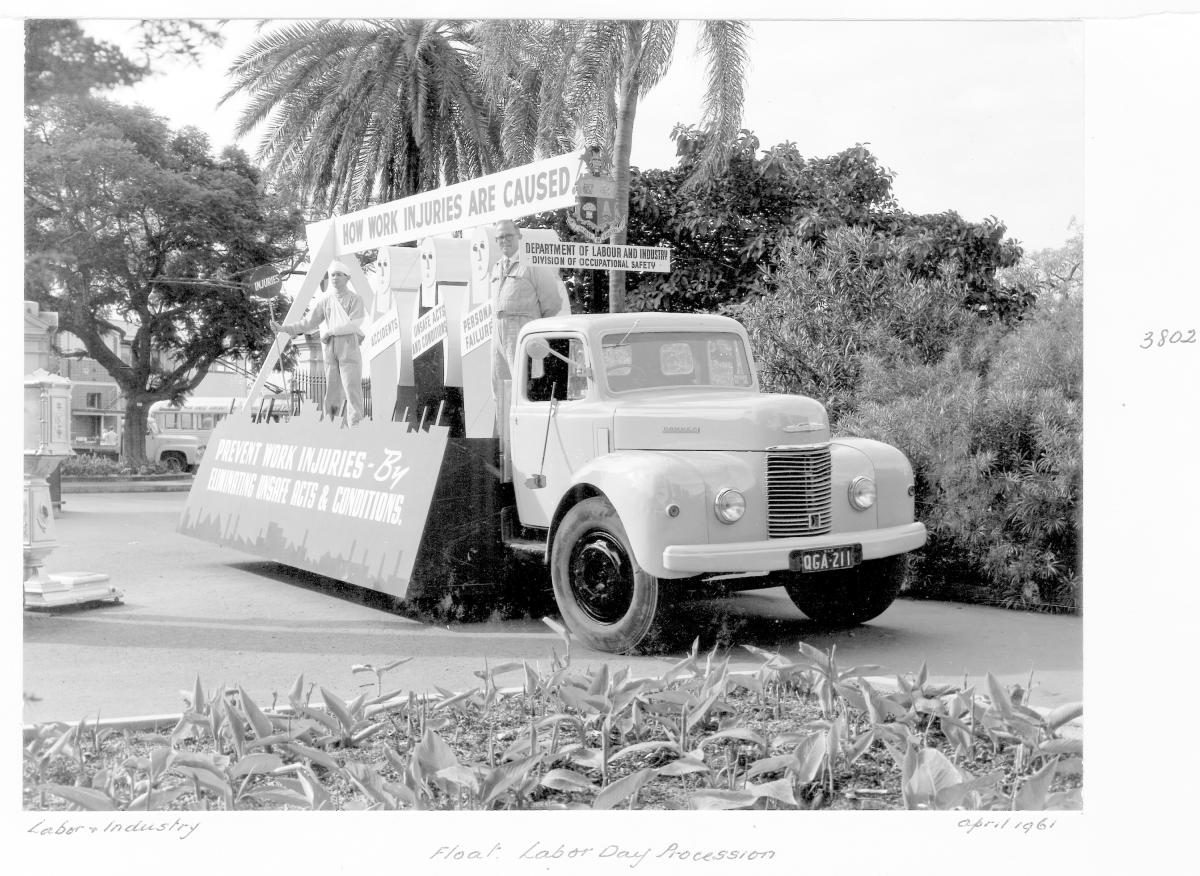 Labour Day procession, prevention of work injuries float - Brisbane, April 1961