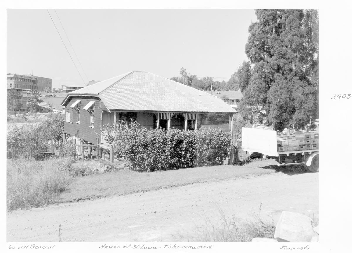 Front view of a house at St Lucia, to be resumed for the construction of the University of Queensland - Brisbane, June 1961