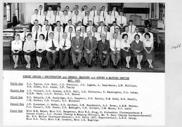 Group photograph of the staff at the Survey Office's Registration Branch, General Branch, and Survey and Mapping Section - Brisbane, May 1961