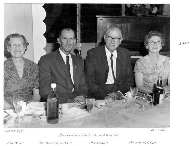 Lands Department Recreation Club Christmas Dinner 1961, Mr and Mrs E D Muir, Mr and Mrs A R Fletcher - Brisbane, December 1961