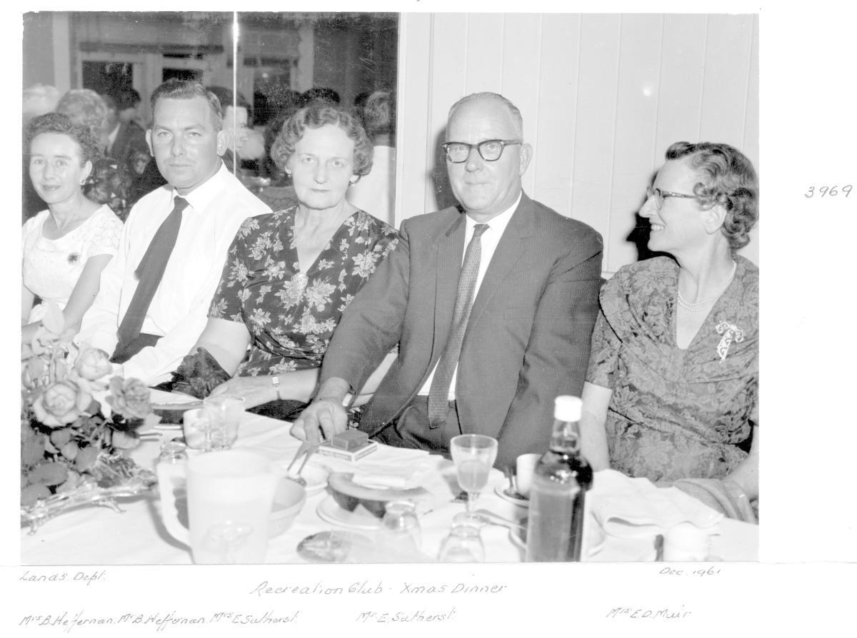 Lands Department Recreation Club Christmas Dinner, Mr and Mrs B Heffernan, Mr E Sutherst, Mrs E D Muir - Brisbane, December 1961