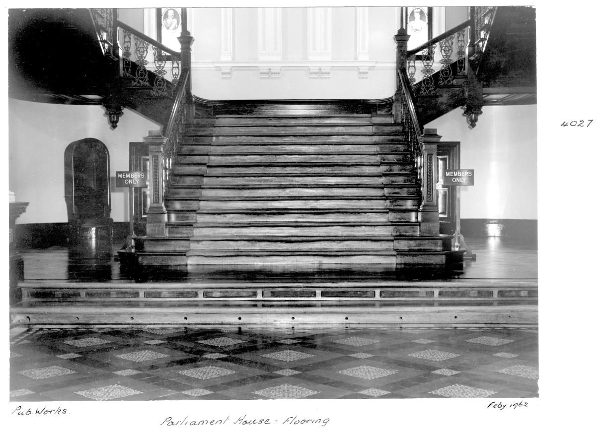 Queensland Parliament House flooring and stairs - Brisbane, February 1962