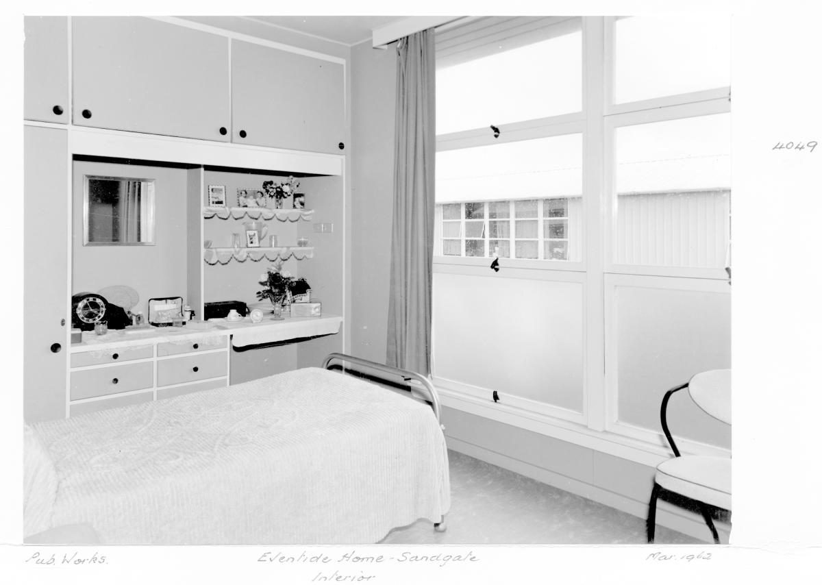 Interior of bedroom at Eventide Home at Sandgate - Brisbane, March 1962