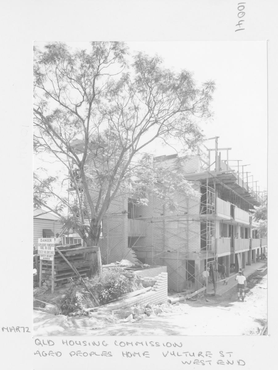 Construction of Queensland Housing Commission aged people's home complex on Vulture St at West End - Brisbane, March 1972