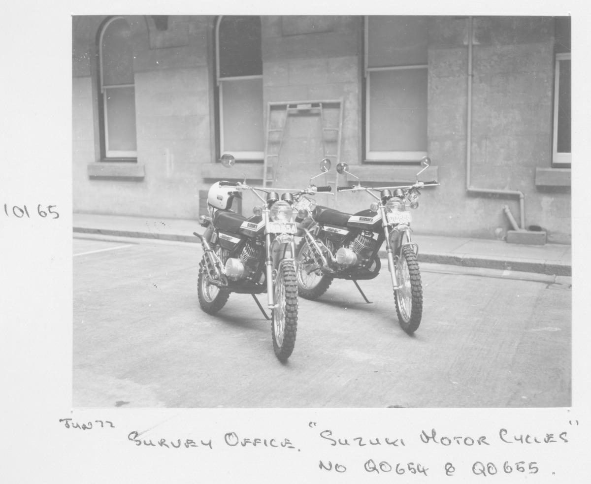 Suzuki motorcycles used by the Survey Office, numbers Q0654 and Q0655 - Brisbane, June 1972