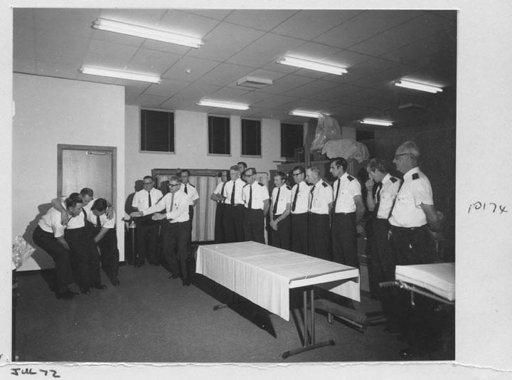 Meeting and demonstration of the Queensland Ambulance Transport Service (QATB) for the Royal National Agricultural (RNA) Show exhibit - Brisbane, July 1972