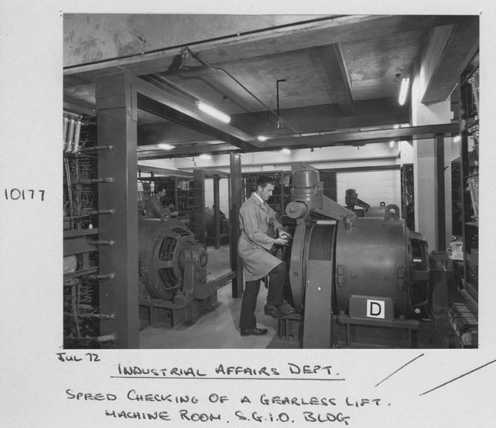 State General Insurance Office (SGIO) building - Speed checking of a gearless lift in the machine room -&nbsp; Brisbane, July 1972