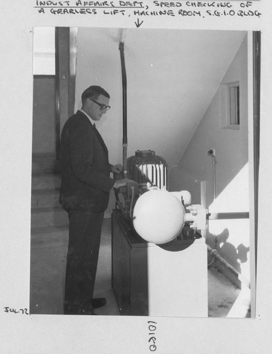 State General Insurance Office (SGIO) building - Speed check of a gearless lift in the machine room - Brisbane, July 1972
