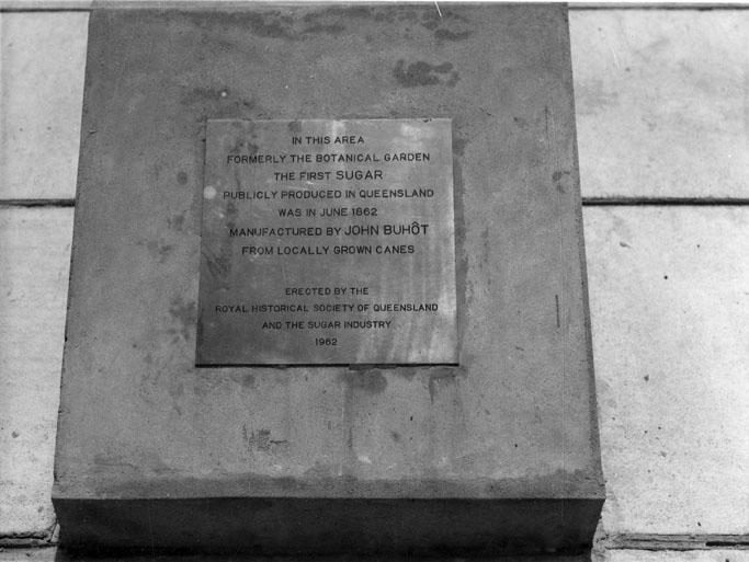 Memorial plaque in the Brisbane Botanic Gardens to mark the site of the first sugar publicly produced in Queensland, January 1963