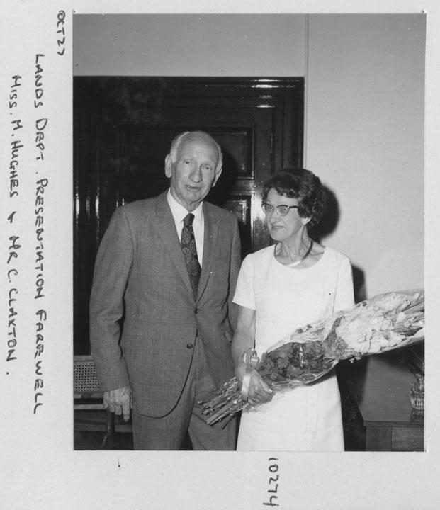 Lands Department presentation farewell - Ms M Hughes and Mr C Claxton - Brisbane, October 1972