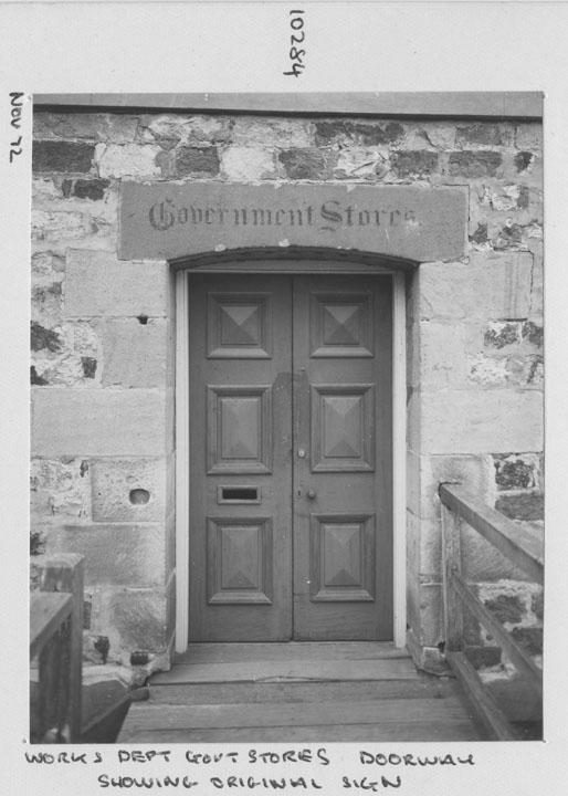 Works Department old Government Stores front door, showing original sign - Brisbane, November 1972