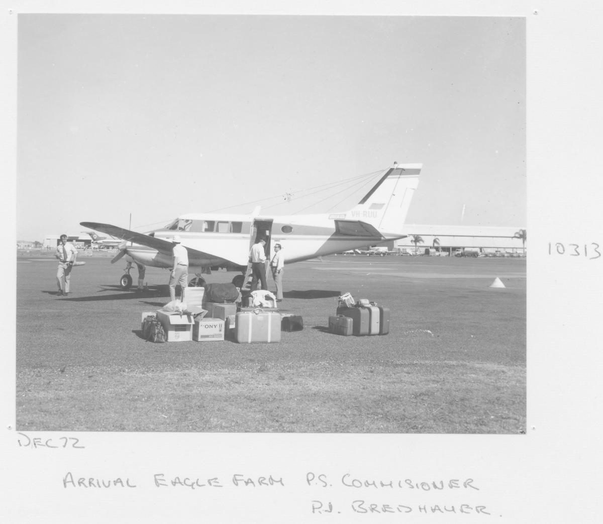 Arrival at Eagle Farm of Public Service Commissioner P J Bredhauer - Brisbane, December 1972