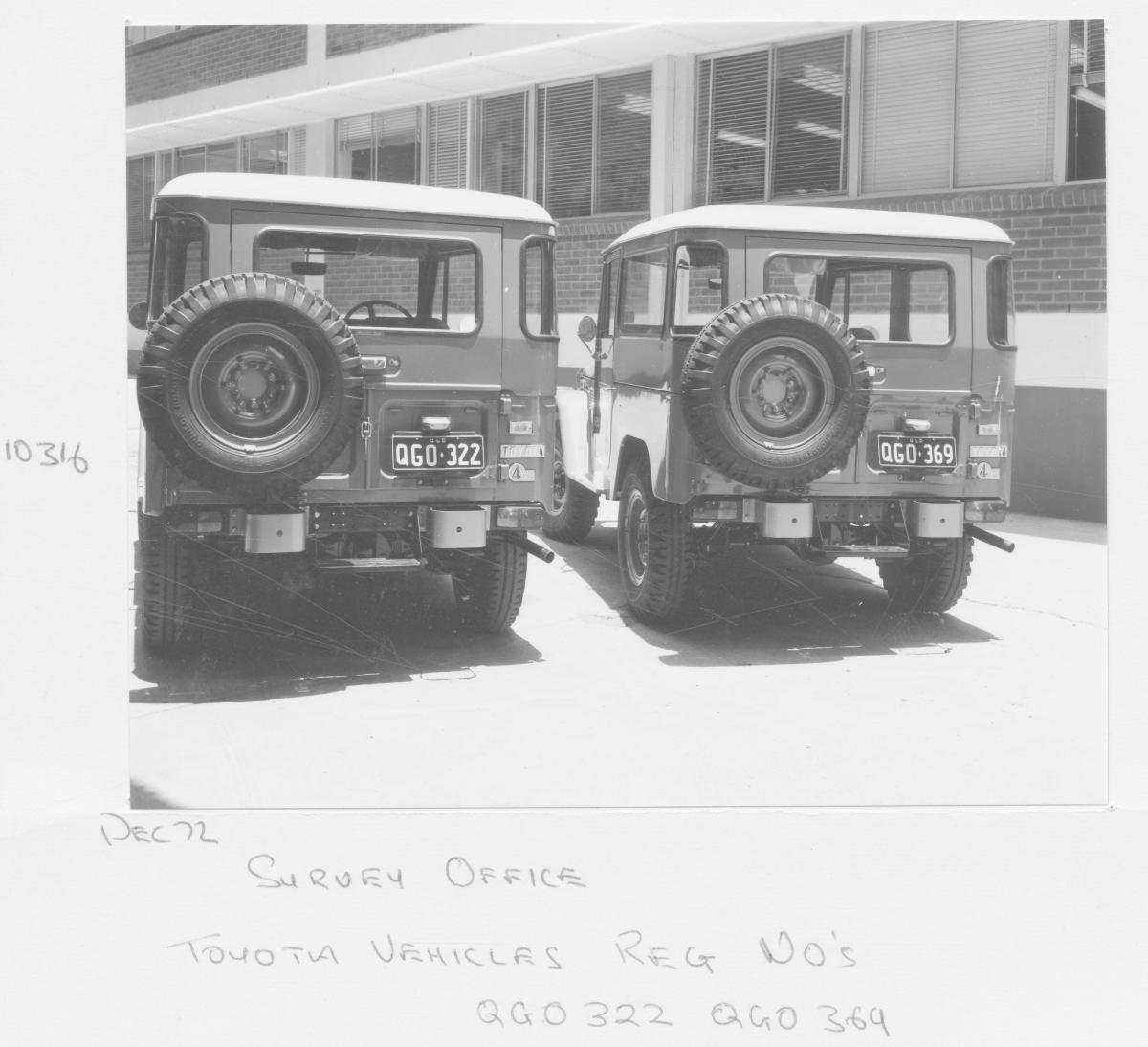 Survey Office Toyota vehicles for field work - Brisbane, December 1972