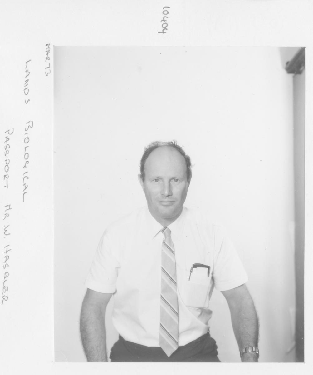 Passport photograph of Mr W Hasgler, Lands Department Biological Section - Brisbane, March 1973
