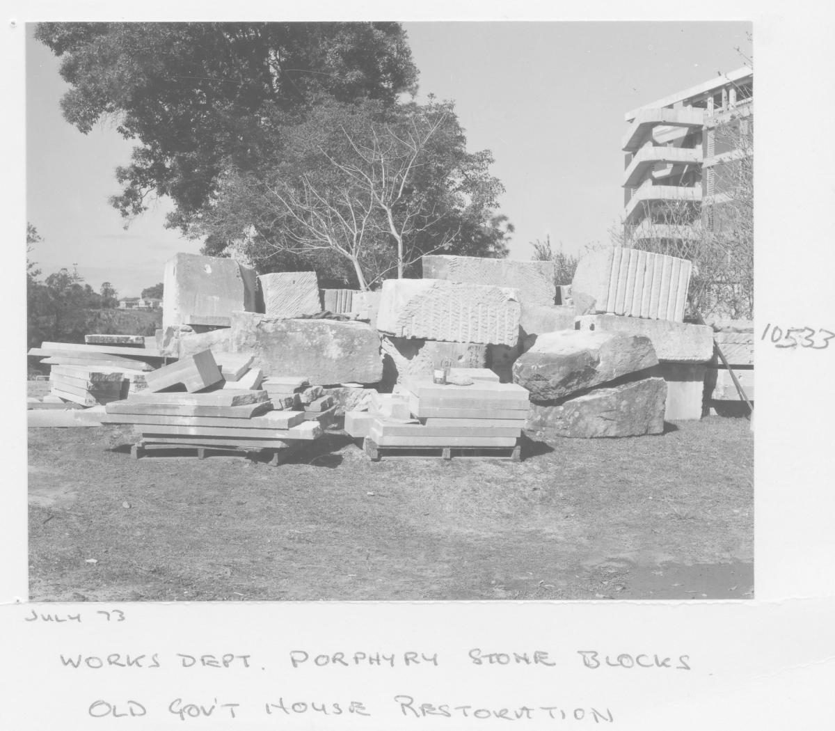 Porphyry stone blocks used in the Queensland Government House restoration - Brisbane, June 1973