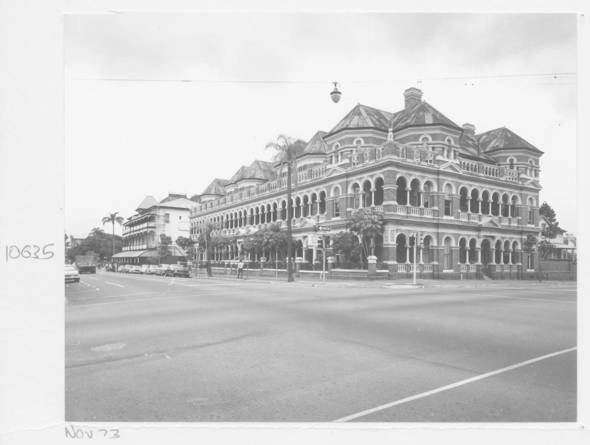 The Mansions building and Bellevue buildings, from George Street - Brisbane, November 1973
