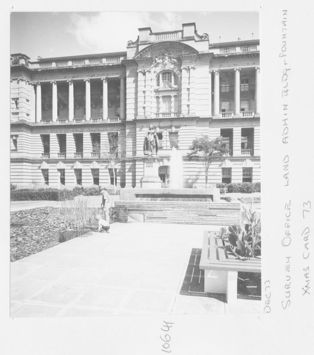 Land Administration building and view of fountain (Christmas card) - Brisbane, December 1973