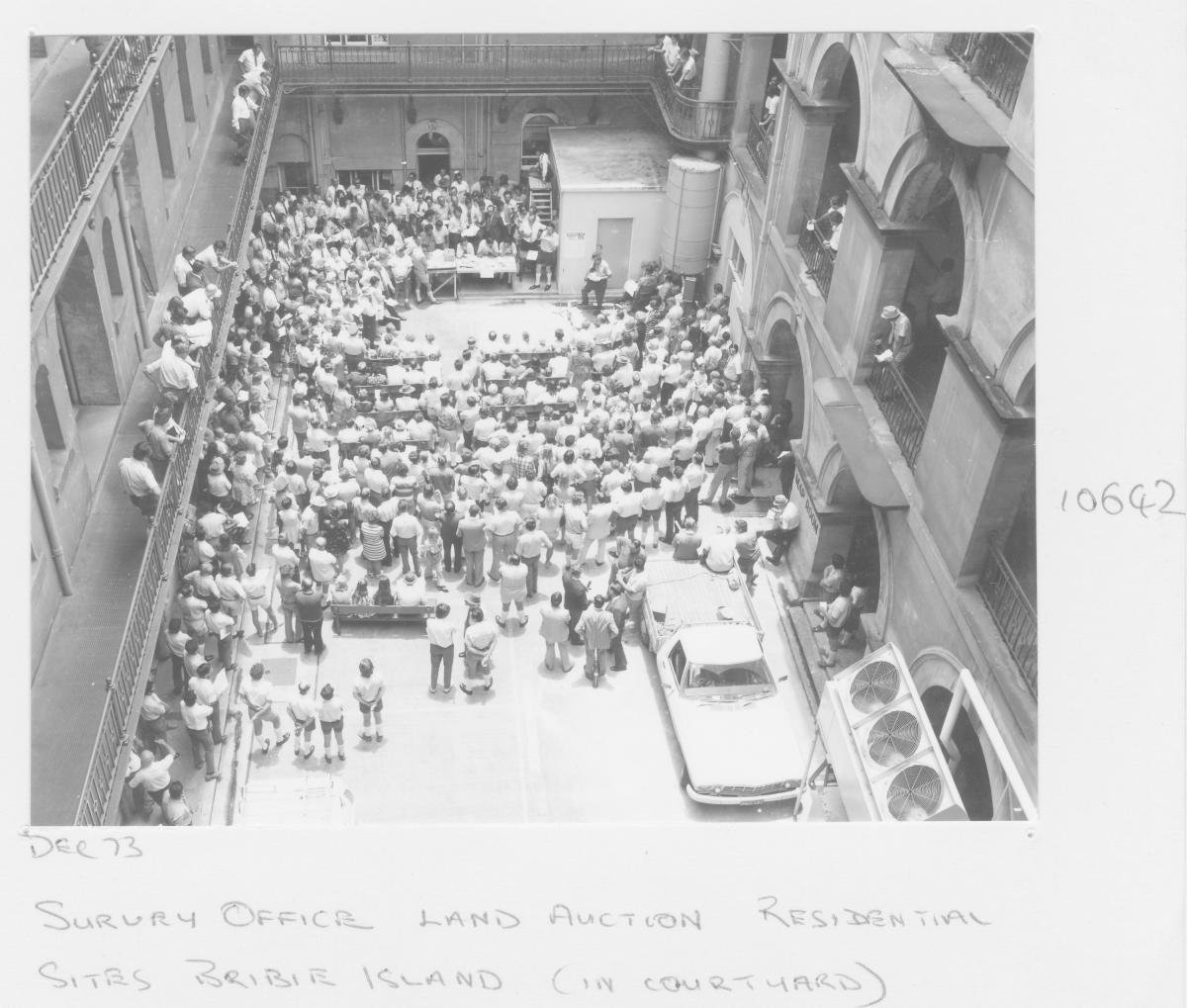 Land auction for residential sites in Bribie Island, in the courtyard of the Survey Office - Brisbane, December 1973