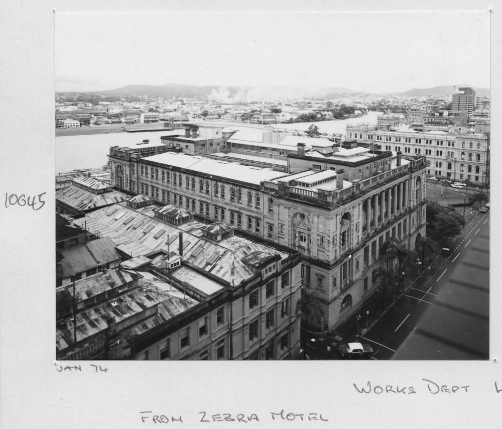View of the Works Department Land Administration Building, from the Zebra Motel - Brisbane, January 1974