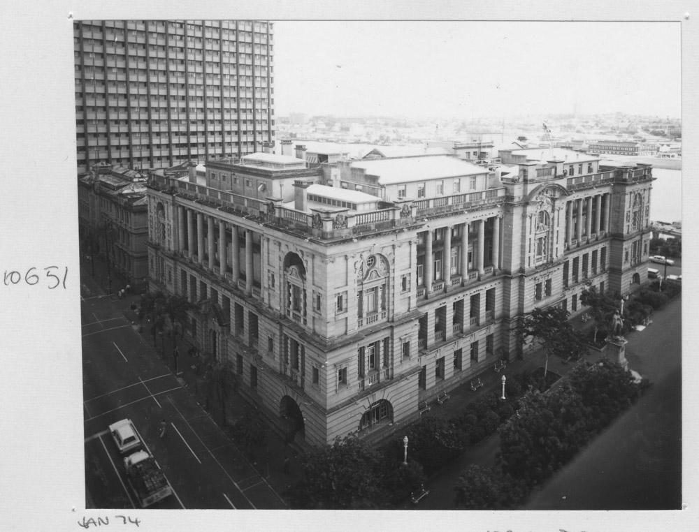 Corner view of the Works Department Lands Administration building, from the old Taxation building roof - Brisbane, January 1974