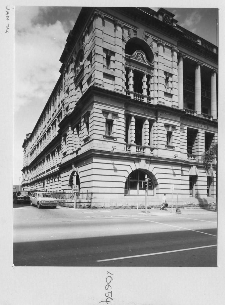 Corner view of the Works Department Lands Administration building, from Stephen's Lane - Brisbane, January 1974