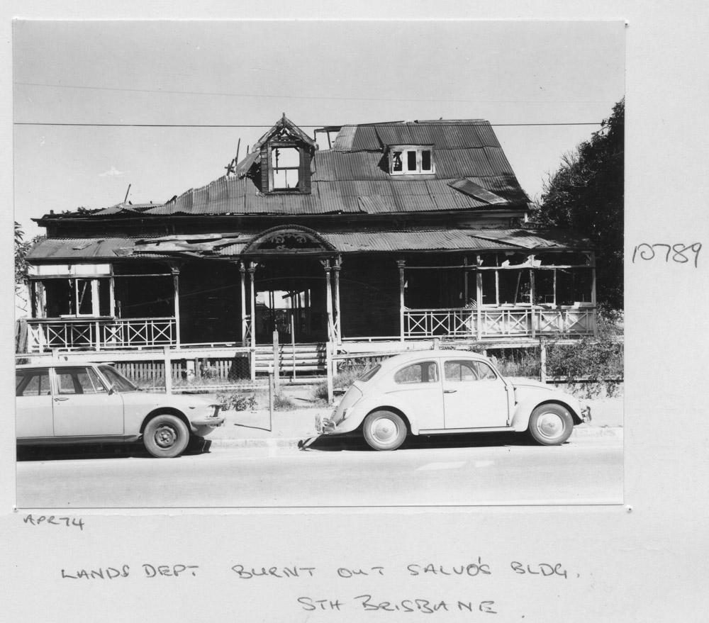Front view of the burnt out Salvation Army (Salvos) building at South Brisbane - April 1974