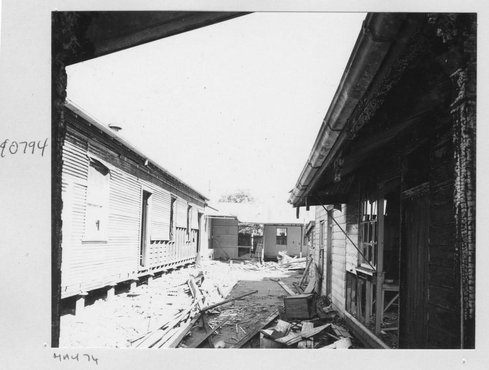 Inside courtyard of the burnt out Salvation Army (Salvos) building at South Brisbane - May 1974