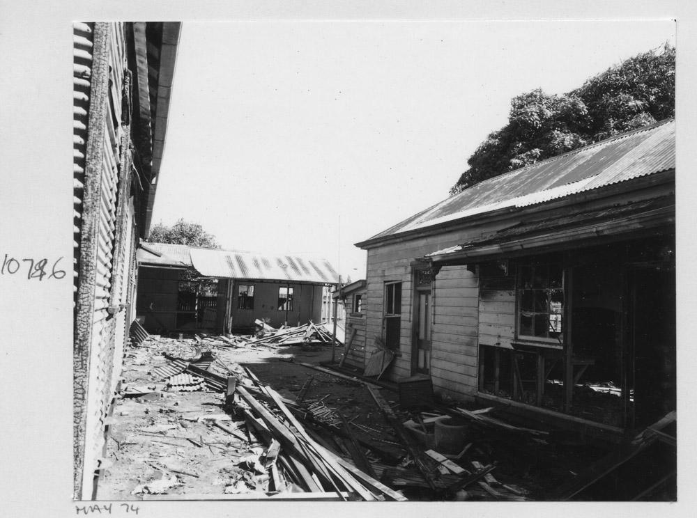 Inside courtyard of the burnt out Salvation Army (Salvos) building at South Brisbane - May 1974