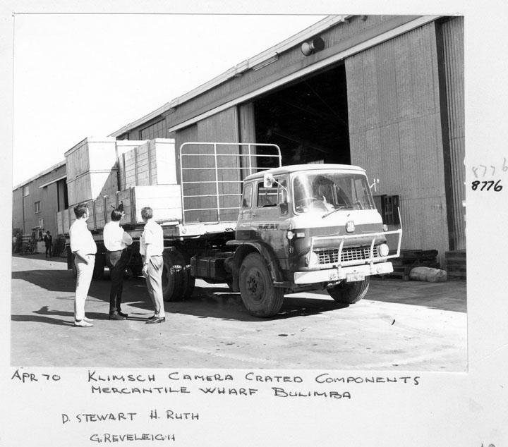 Klimsch camera components in crates, Mercantile Wharf, Bulimba, Brisbane. April 1970