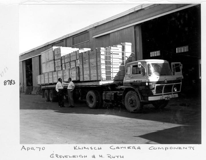 Klimsch camera components on semi-trailer, Mercantile Wharf, Bulimba, Brisbane, April 1970