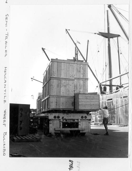 Klimsch camera components on semi-trailer, Mercantile Wharf, Bulimba, Brisbane, April 1970
