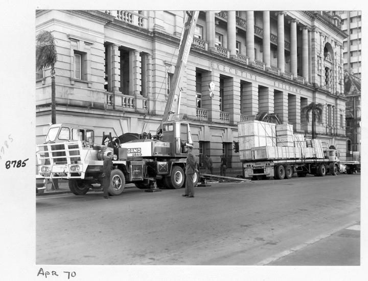 Camera components being unloaded at William Street entrance, Brisbane, April 1970