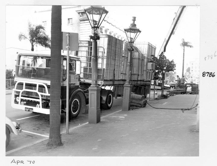 Camera components being unloaded at William Street entrance, Brisbane, April 1970