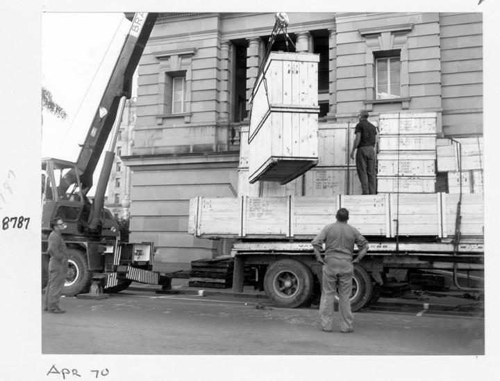 Camera components being unloaded at William Street entrance, Brisbane, April 1970