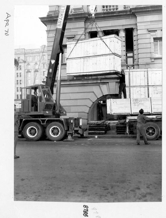 Camera components being unloaded at William Street entrance, Brisbane, April 1970