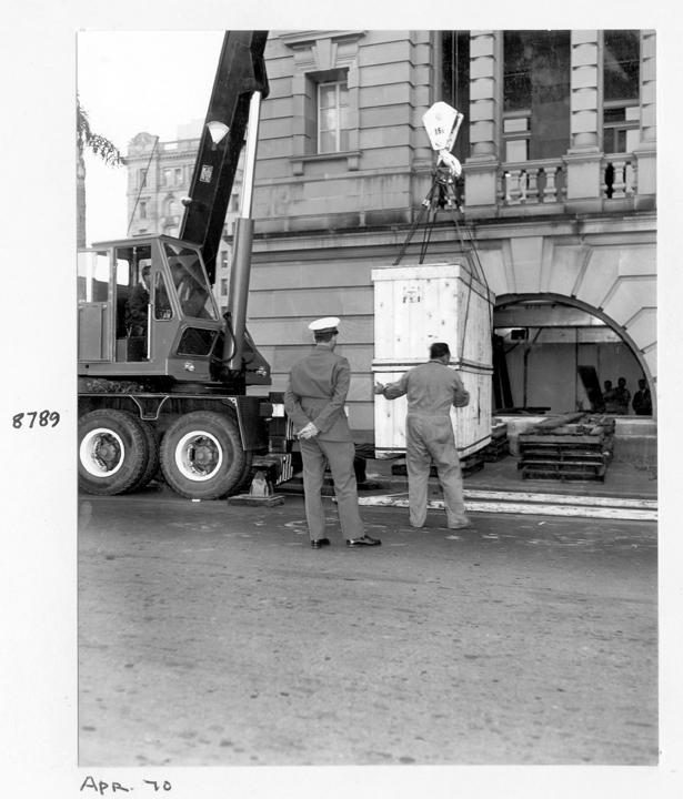Camera components being unloaded at William Street entrance, Brisbane, April 1970