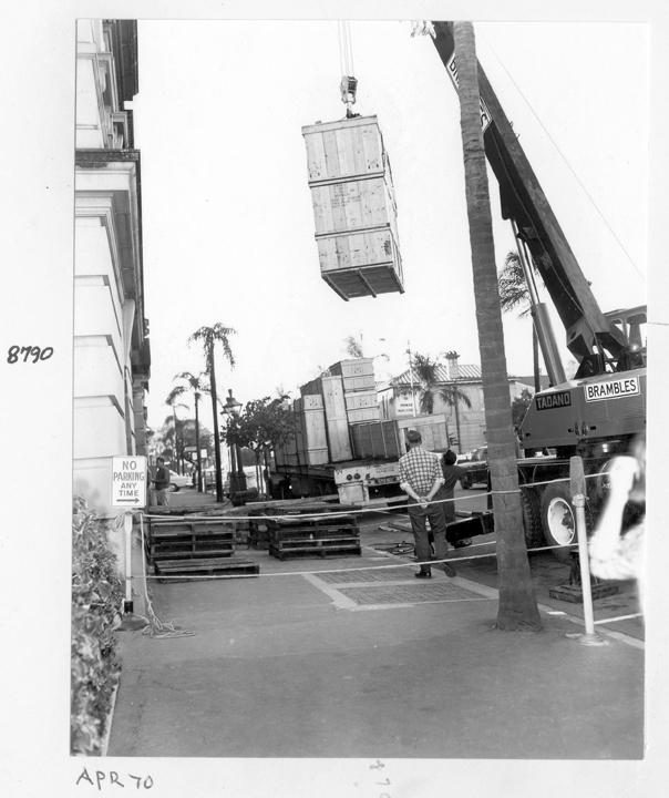 Camera components being unloaded at William Street entrance, Brisbane, April 1970