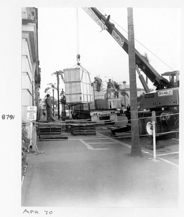 Camera components being unloaded at William Street entrance, Brisbane, April 1970