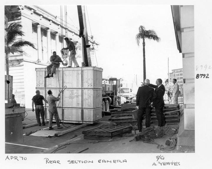 Rear section camera components being unloaded at William Street entrance, Brisbane, April 1970