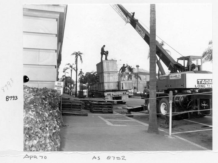 Camera components being unloaded at William Street entrance, Brisbane, April 1970