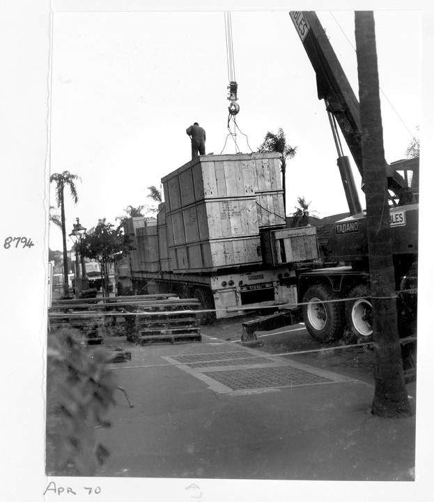 Camera components being unloaded at William Street entrance, Brisbane, April 1970