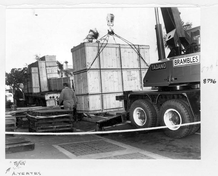 Camera rear section being unloaded, Executive Building, William Street, Brisbane, April 1970
