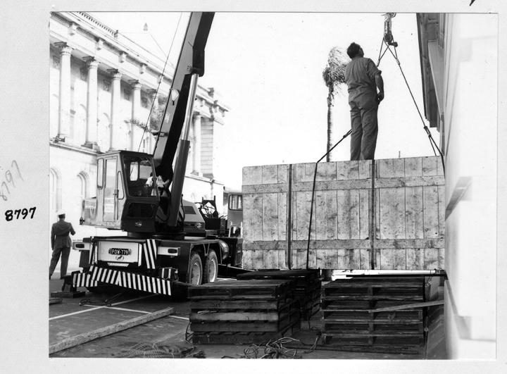Camera rear section being unloaded, William Street, Brisbane, April 1970
