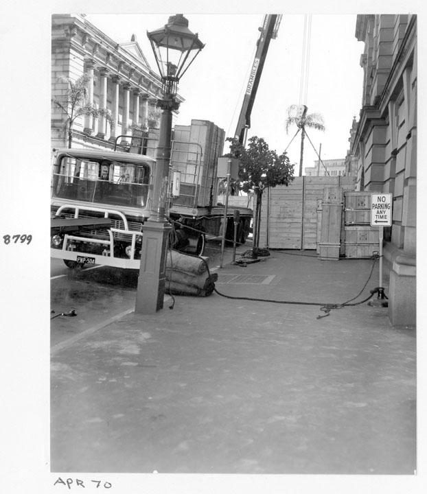 Camera rear section being unloaded, William Street, Brisbane, April 1970