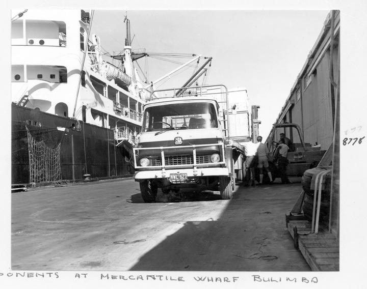 Loading crated Klimsch camera components, Mercantile Wharf, Bulimba, Brisbane, April 1970